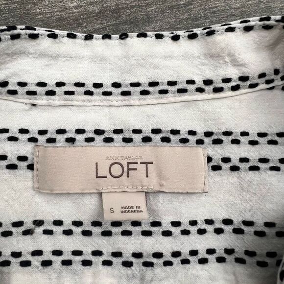 LOFT Textured Stripe Blouse White Black Cotton V-Neck Long Sleeve Size Small - Picture 4 of 9